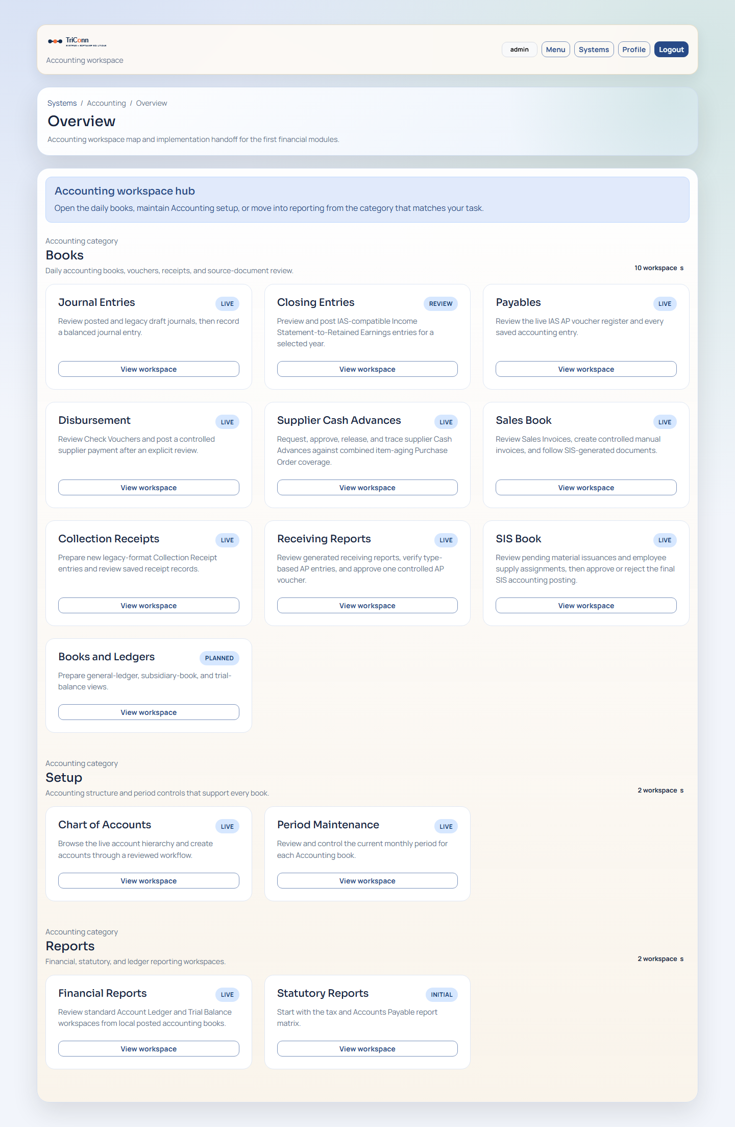 znSuite zAccounting overview workspace