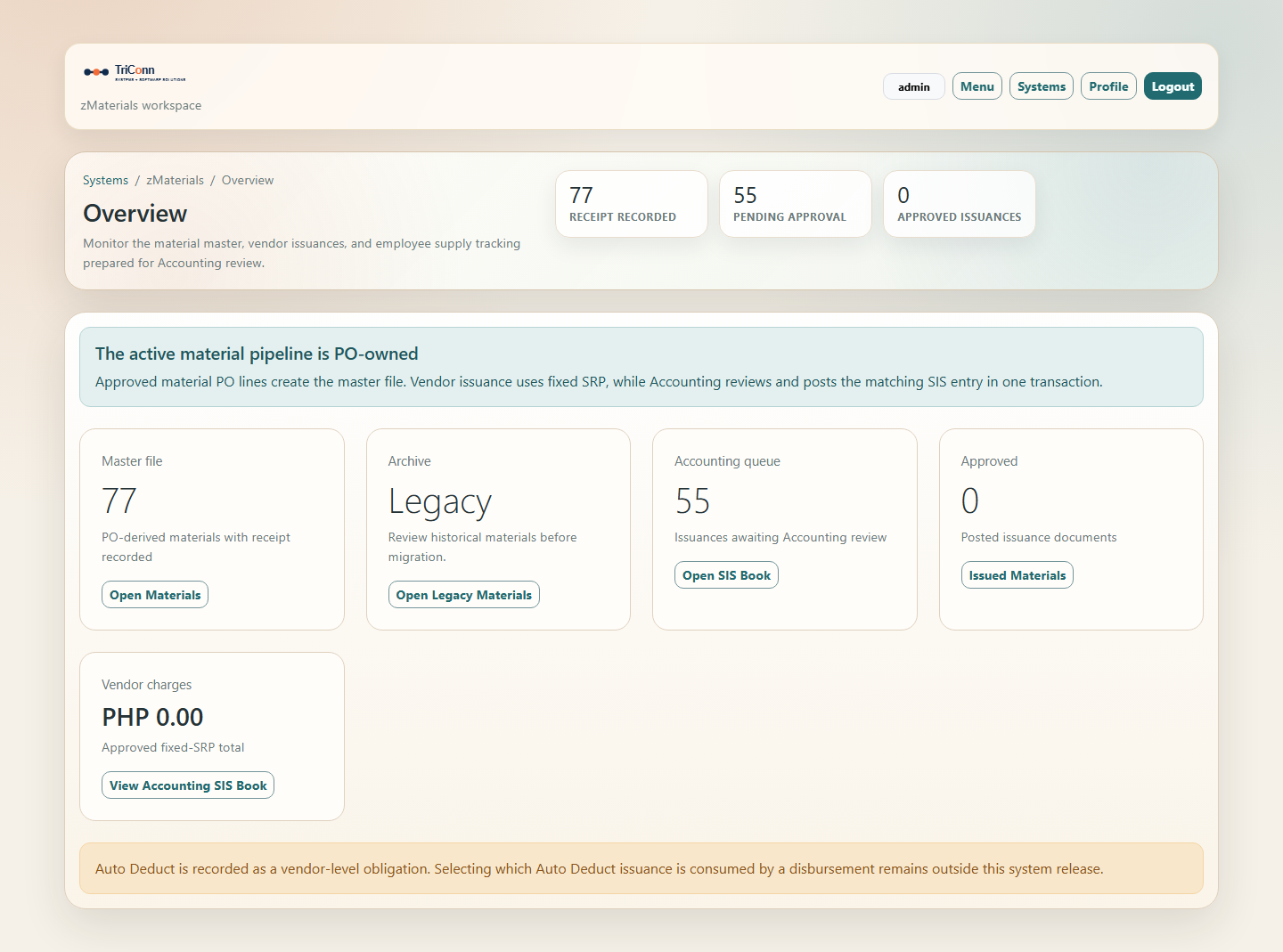 znSuite zMaterials overview workspace